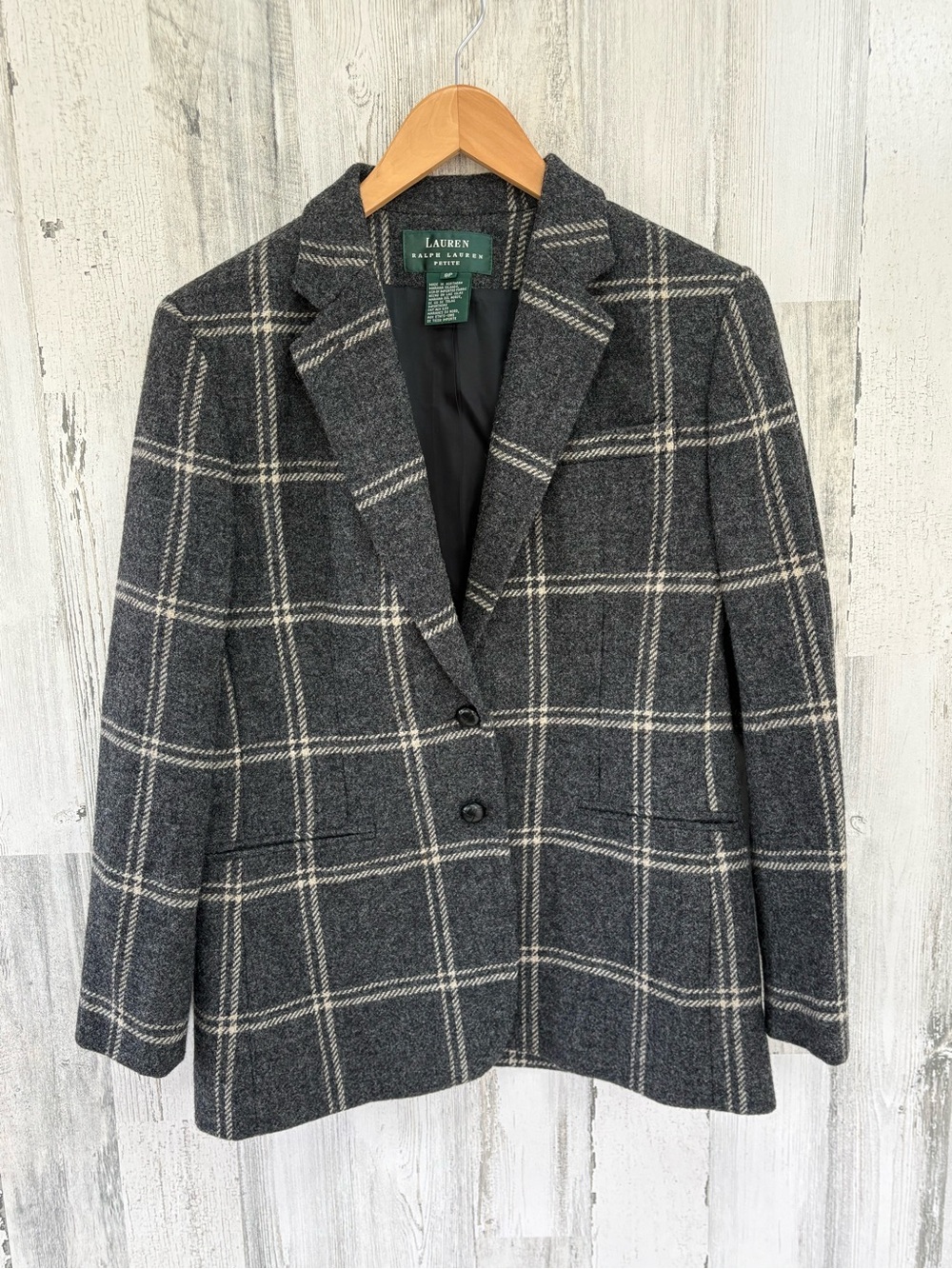 Lauren Ralph Lauren Women’s Size 8 Petite Gray/Tan 100% Wool 2 Button Blazer